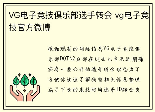 VG电子竞技俱乐部选手转会 vg电子竞技官方微博